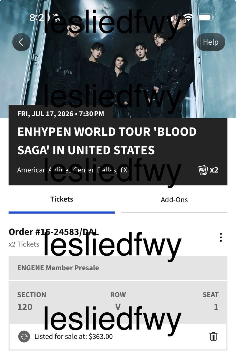 lesliedfwy's tweet photo. WTS enhypen dallas day 1 concert ticket! Selling for fv ($309) it is up on ticketmaster but the fees make it way more expensive 😭 pls lmk if u are interested !! #enhypen #engene https://t.co/HoFykoK6Vw