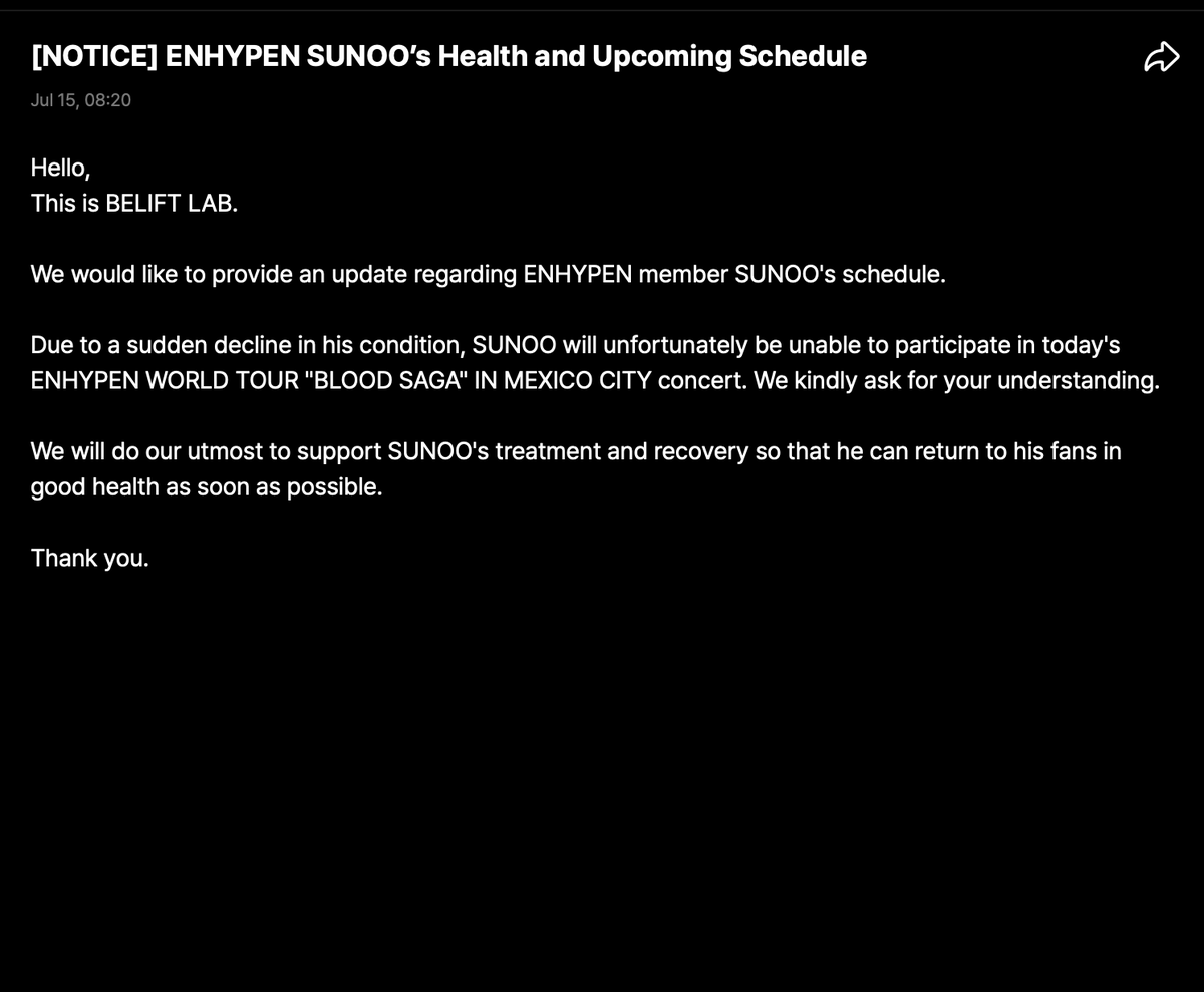 ENHYPEN_INA's tweet photo. [ INFO ] 
SUNOO tidak dapat berpartisipasi dalam konser ENHYPEN WORLD TOUR "BLOOD SAGA" di Mexico City yang dijadwalkan hari ini karena kesehatannya menurun. 

Berikut adalah pernyataan dari Belift Lab.

Halo,
Ini adalah BELIFT LAB.

Kami ingin memberikan informasi mengenai jadwal kegiatan anggota ENHYPEN, SUNOO.
Karena kondisi kesehatannya yang tiba-tiba menurun, dengan sangat menyesal kami menginformasikan bahwa SUNOO tidak dapat berpartisipasi dalam konser ENHYPEN WORLD TOUR "BLOOD SAGA" di Mexico City yang dijadwalkan hari ini. Kami mohon pengertian dari para penggemar.

Kami akan melakukan yang terbaik untuk mendukung proses perawatan dan pemulihan SUNOO agar ia dapat segera kembali bertemu para penggemarnya dalam keadaan sehat.

Terima kasih.

Get Well Soon Sunoo 
#ENHYPEN #SUNOO @ENHYPEN_members @ENHYPEN