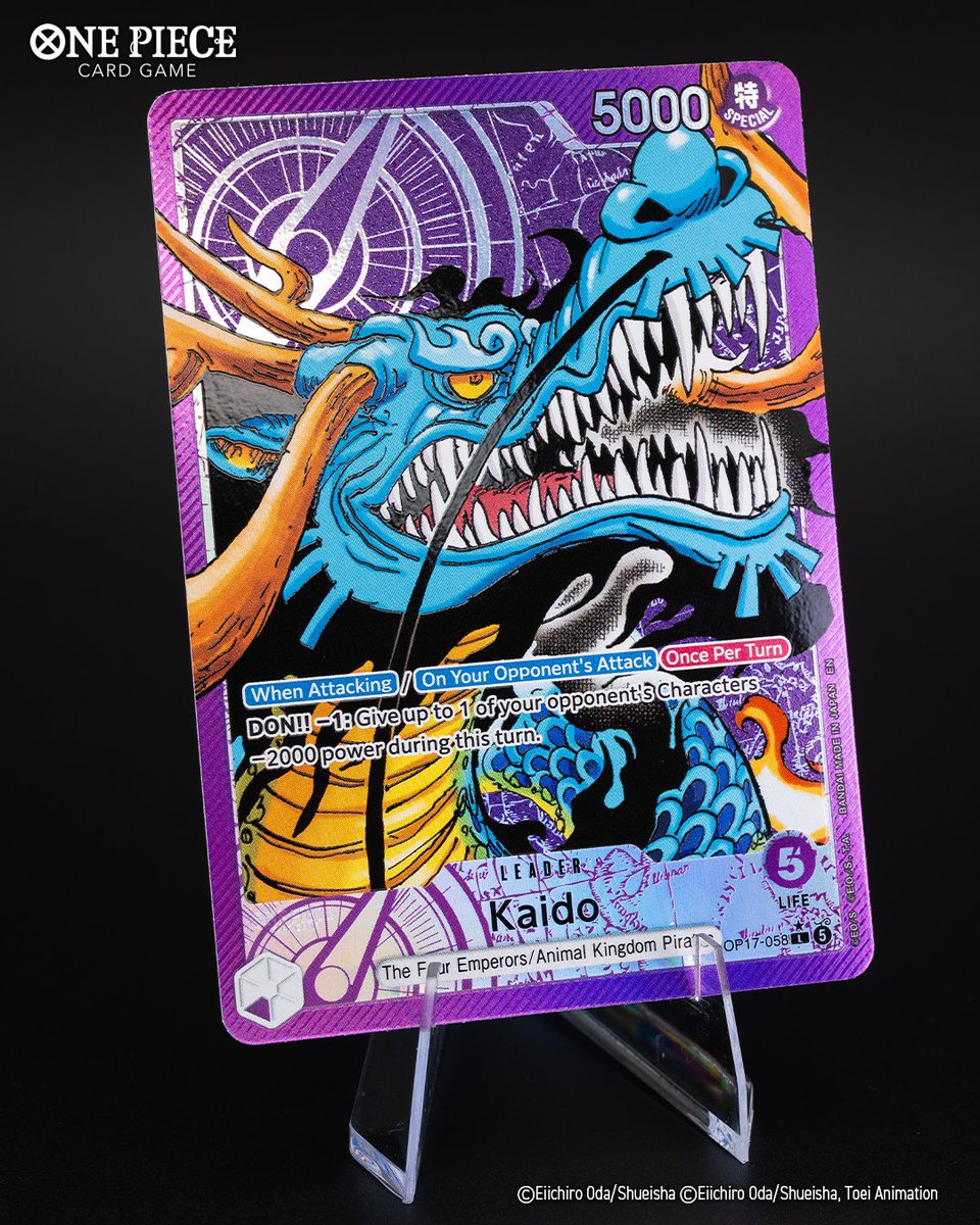 ONEPIECE_tcg_EN's tweet photo. OPCG BOOSTER PACK -THE WORLD'S STRONGEST WARRIORS- [OP-17] OFFICIAL CARD PHOTOS:

Unleash the dragon! Lead your crew with Kaido from OP-17.

Booster releases August 28, 2026!

#ONEPIECE
#onepiececardgame https://t.co/bzfrPqUQZk