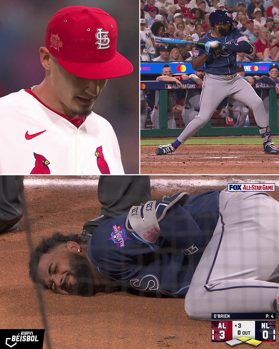 ESPN_Beisbol's tweet photo. Caminero fue golpeado por un lanzamiento y salió del juego. 😟 https://t.co/F9NUId89vC