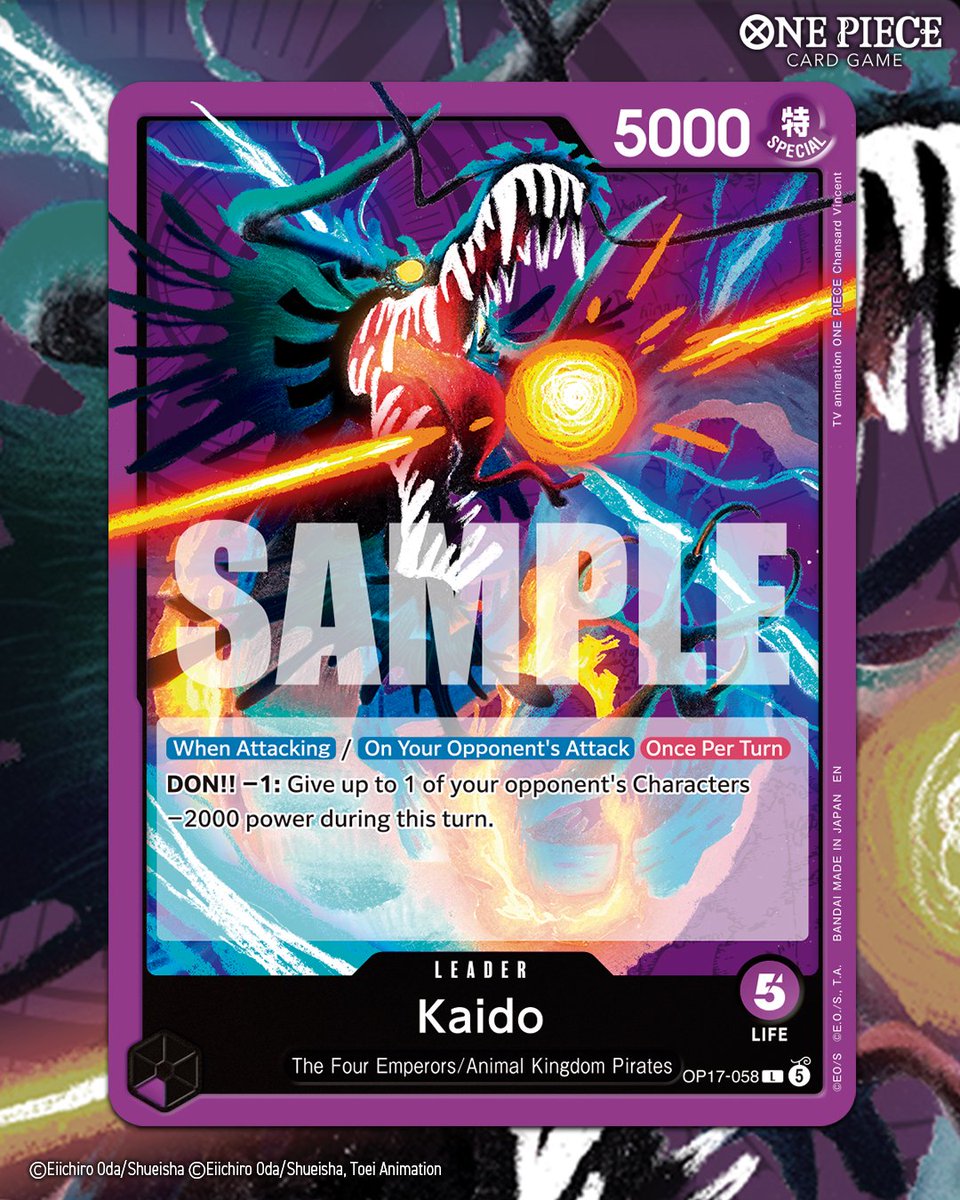 ONEPIECE_tcg_EN's tweet photo. OPCG BOOSTER PACK -THE WORLD'S STRONGEST WARRIORS- [OP-17] OFFICIAL CARD PHOTOS:

Unleash the dragon! Lead your crew with Kaido from OP-17.

Booster releases August 28, 2026!

#ONEPIECE
#onepiececardgame https://t.co/bzfrPqUQZk
