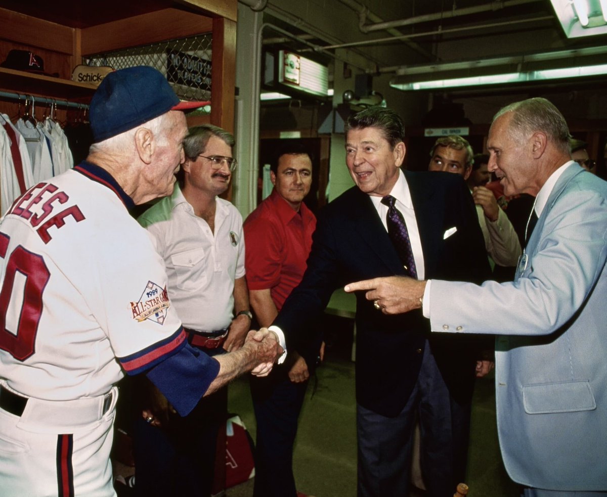 RonaldReagan's tweet photo. ⚾️ Did you know? Ronald Reagan made an appearance as a guest sportscaster for the first inning at the 1989 Major League Baseball All-Star Game. 

He is pictured shaking hands with California Angels coach Jimmie Reese. https://t.co/3iOWXjKEhH