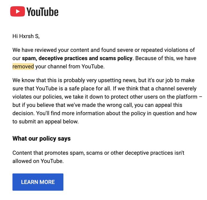 heyharzz's tweet photo. Is there anything else left for me to collect? Youtube? 💀

✅ Terminated
✅ Related Channels
✅ Generic/Repetitive Content
✅ Unsatisfying or off-putting content 

At this point, y’all should just follow me to learn what not to do. https://t.co/EXIDSVMuYh