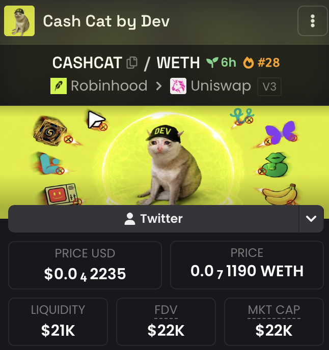 0x4Specter's tweet photo. I'm straight up obsessed with this Cash Cat, it's so damn adorable with that Robinhood mascot vibe, my heart's all in, and hell yeah, this little legend's got what it takes to absolutely explode and make it big! 🐱💰🚀

$CASHCAT
0xAb51fA34f57Dcb1046841125D40FF3B6aA260Dfc https://t.co/GdpKxzrXDJ