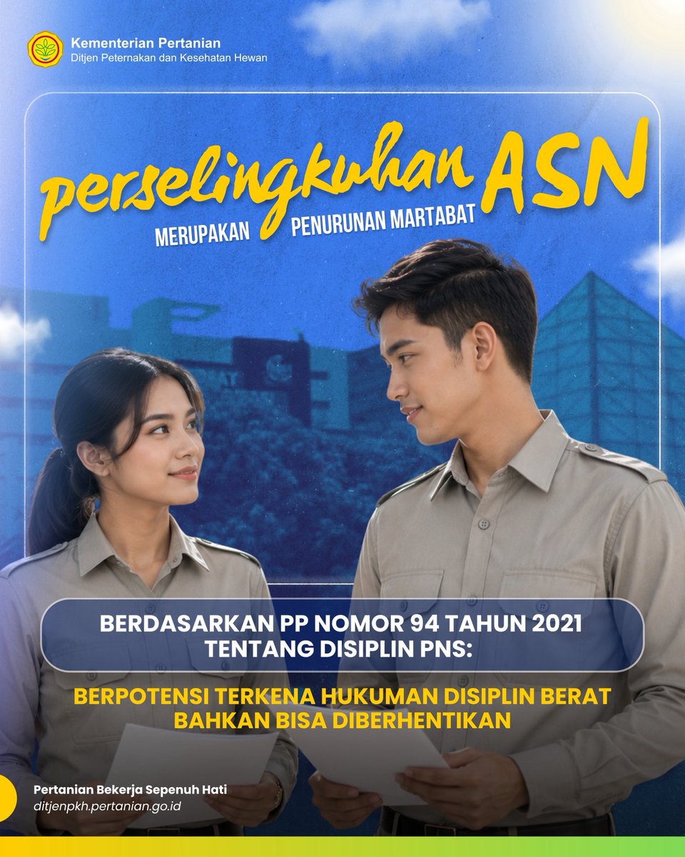 ditjen_pkh's tweet photo. #SobatTernak, Sesuai ketentuan yang berlaku, ASN yang melakukan pelanggaran disiplin dapat dikenai hukuman disiplin sesuai tingkat pelanggarannya, termasuk sanksi berat.
Mari jaga integritas, kehormatan, dan kepercayaan masyarakat dengan menjunjung tinggi etika, disiplin, serta tanggung jawab sebagai ASN.

Simak infografis selengkapnya melalui tautan dibawah ini: 

https://t.co/JwUSk1AWeW

#KementanRI #KitaMulaiCaraBaru #ASNBerAkhlak