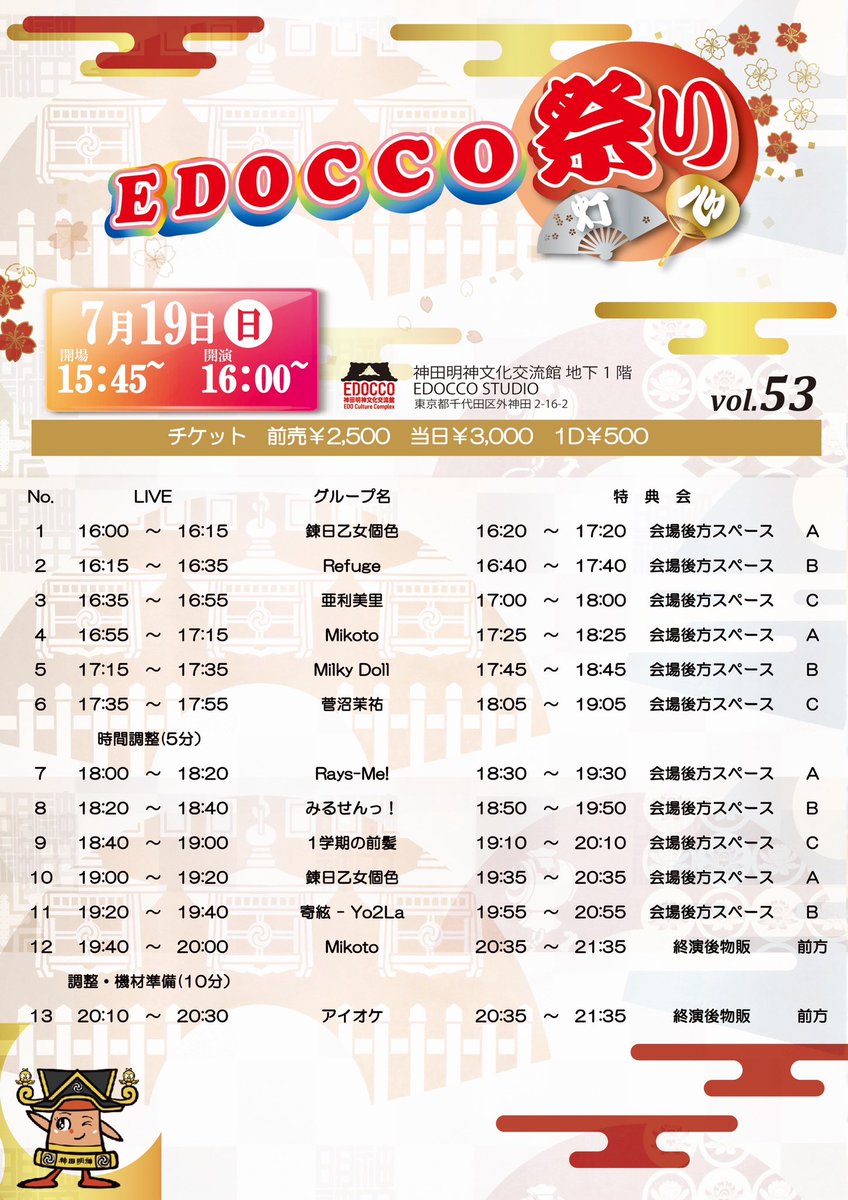 EDOCCOfes's tweet photo. 2026年7月19日(日)開催
⛩️『EDOCCO祭り vol.53』⛩️ご出演者様追加‼️

【会場】神田明神文化交流館 地下一階
@edoccostudio

開場15:45/開演16:00
【料金】前売り2500円 当日3000円/別途1D(500円)

EDOCCO祭りは再入場時 追加1D要りません！

🎫チケット販売中‼️🎫
https://t.co/LENpiFvGsW https://t.co/HtZcuJbx0e