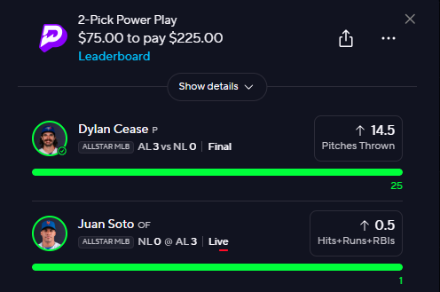 Mattplayerprops's tweet photo. ALL STAR Game BANG 💵💰

Dylan Cease O14.5 pitches ✅
Juan Soto O0.5 hits+runs+RBI ✅

We've been crushing it lately! On an 18-3 run the last 5 days in discord 🔥

⚡JOIN Premium for less than $6 ⤵️
https://t.co/iGGimtLWVI https://t.co/k0Yb1UwlYD