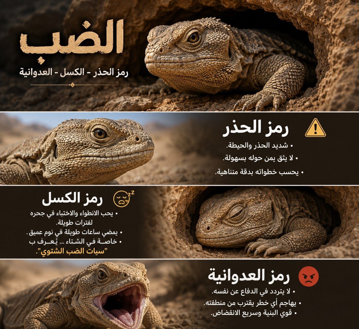 3nqawi's tweet photo. الضب 🦎
حيوان شديد الحذر والحيطة، لا يثق بمن حوله بسهولة، ويحسب خطواته بدقة
يحب الانطواء والاختباء في جحره لفترات طويلة، ويصعب زحزحته منه
لهذا يمضي ساعات طويلة في نوم عميق يُعرف بـ"سبات الضب الشتوي".
عدواني دفاعيًا إذا تم الإمساك به أو الاقتراب الشديد، فيستخدم ذيله الشوكي كسلاح ! https://t.co/Cd63NJKbB7
