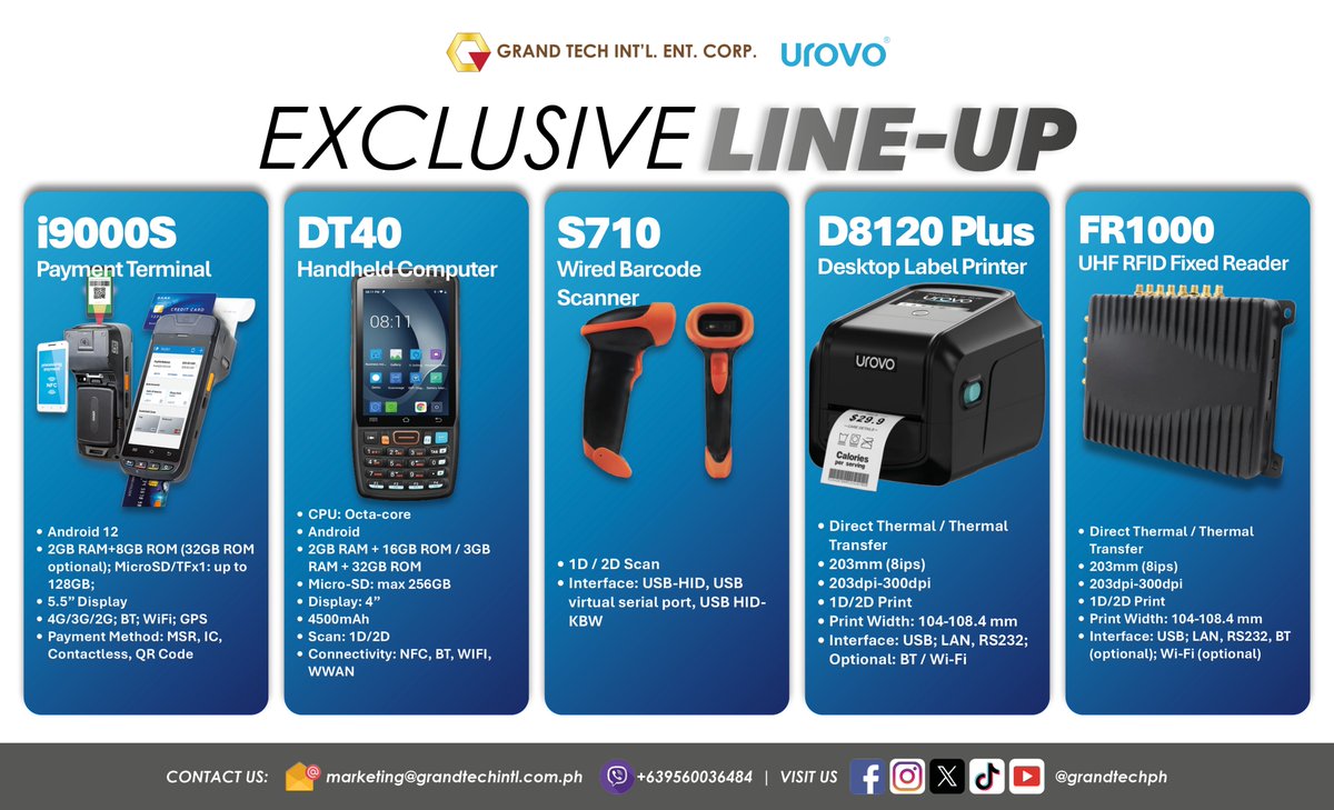 grandtechph's tweet photo. GRAND TECH EXCLUSIVE LINE-UP
15 July 2026
#Canon, #Epson, #ECLine, #HiStone, #Allthings, #iMIN, #Honeywell, #Urovo, #Thomson, #SOTI, #Wacom, #Tiandy, GRAND TECH #Consumables
Distributed by GRAND TECH INTL ENT CORP
marketing@grandtechintl.com.ph
Viber: +639560036484 https://t.co/bJBJzoKUy2