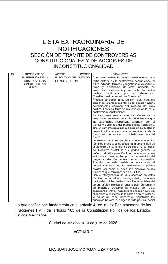 MtraEstelaRios's tweet photo. Con relación al incidente de suspensión, derivado de la Controversia Constitucional 386/2026, promovida por el Poder Ejecutivo del Estado de Nuevo León, se aclara que la suspensión concedida no paraliza el procedimiento de juicio político correspondiente. 
 
Por tanto, las autoridades competentes podrán continuar con la sustanciación y trámite del expediente respectivo.
 
La medida cautelar otorgada sólo tiene como finalidad preservar la materia del juicio constitucional, en tanto la Suprema Corte de Justicia de la Nación analiza el fondo de la controversia.
 
La anterior determinación tiene un carácter estrictamente jurídico y no de naturaleza política, de conformidad con dispuesto por los artículos 14, 15, 16, 17 y 18 de la Ley Reglamentaria de las Fracciones I y II del Artículo 105 de la Constitución Política de los Estados Unidos Mexicanos, así como en el precedente relativo a la controversia constitucional 249/2024 del índice de esta Suprema Corte de Justicia de la Nación.