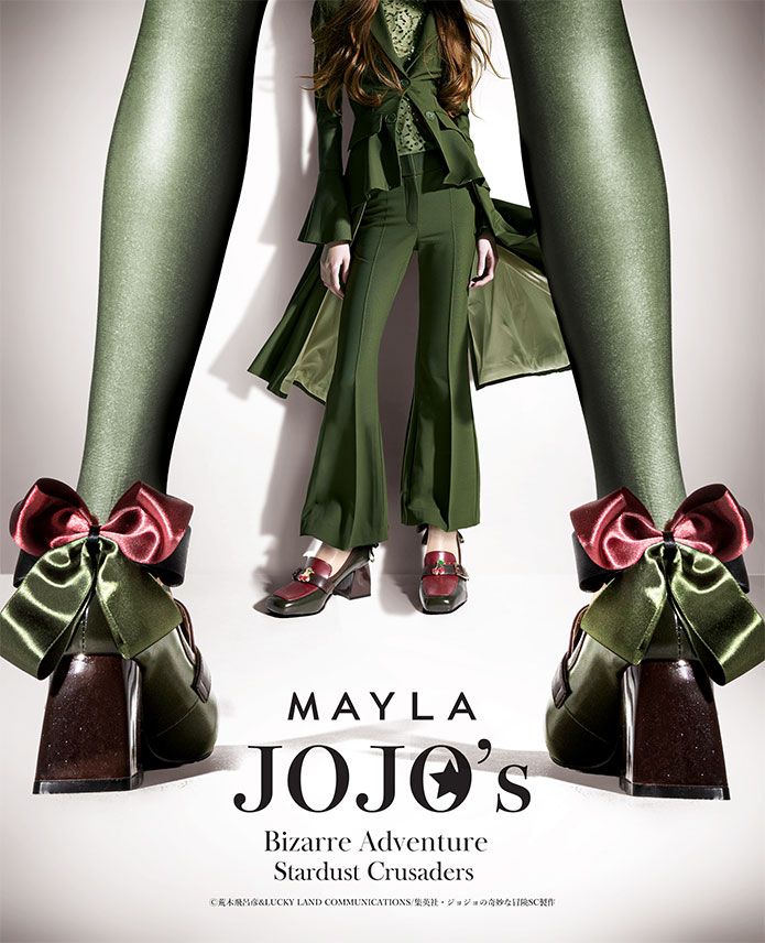 nijimen's tweet photo. 『ジョジョ』3部×MAYLA👠✨
アイコニックシューズ オブジェ パンプス

空条承太郎・花京院典明・イギー・DIOをイメージした全4モデルが登場💜 
「スタープラチナ」のスター柄や花京院のチェリーなど、スタンドやタロットカードから着想を得たデザイン✨
リボンなしの「オフ」とサテンリボン付きの「オン」の2バージョンで、いよいよ7/17(金)17時から予約スタート🎀

予約:7/17(金)17:00～8/19(水)17:00
オフ:¥28,160（税込）
オン:¥30,800（税込）

▼詳細はこちら✍️
🔗https://t.co/NiScM9KdT4

#ジョジョの奇妙な冒険 #jojo_anime