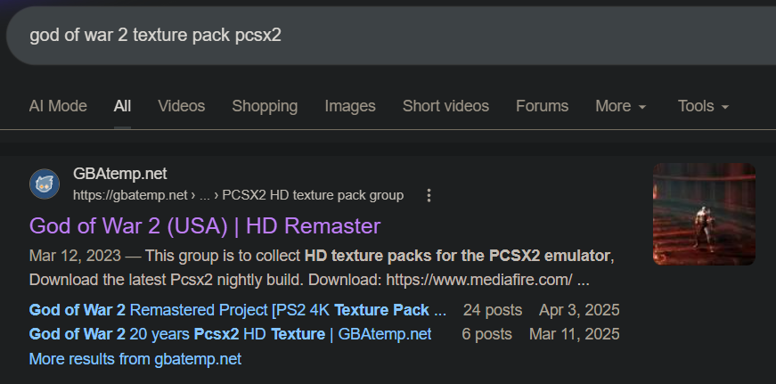 TheAnonAndy's tweet photo. @Ibra40498055 @AshenOne_VI Google this "god of war 2 texture pack pcsx2" 

First link at https://t.co/F2HnT7mxwi https://t.co/Fksb1xg1NE