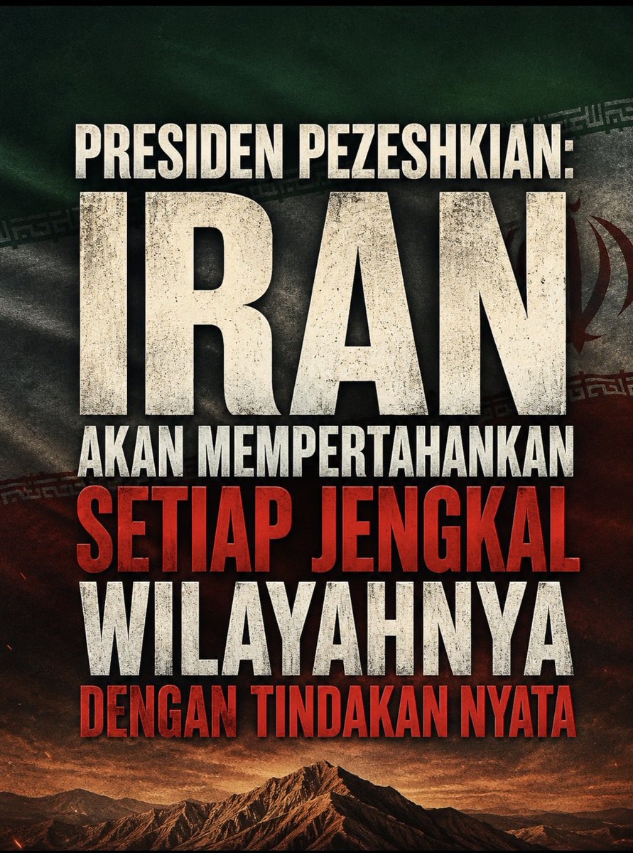IraninIndonesia's tweet photo. Presiden Pezeshkian: Iran akan mempertahankan setiap jengkal wilayahnya

Presiden Iran Masoud Pezeshkian menegaskan bahwa Iran akan mempertahankan setiap jengkal wilayahnya dengan tindakan nyata sebagai tanggapan atas pernyataan Presiden AS Donald Trump.

Ia menyatakan bahwa upaya untuk melemahkan dan memecah belah Iran telah gagal, serta menekankan bahwa persatuan nasional merupakan kunci kekuatan negara.