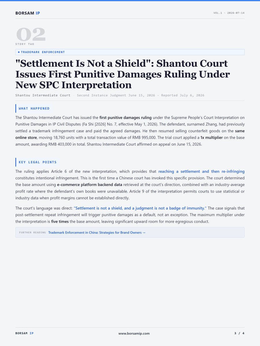BORSAM_IP's tweet photo. China IP Brief - July 14, 2026
1/3 LG Chem Loses Two Battery Patents in China: Beijing...
2/3 "Settlement Is Not a Shield": Shantou Court Issues...
3/3 SPC Rejects Pinduoduo's Retrial Bid: RMB 1M Award...
https://t.co/o2UT021UPC
#ChinaIP https://t.co/nIlAy92UqR