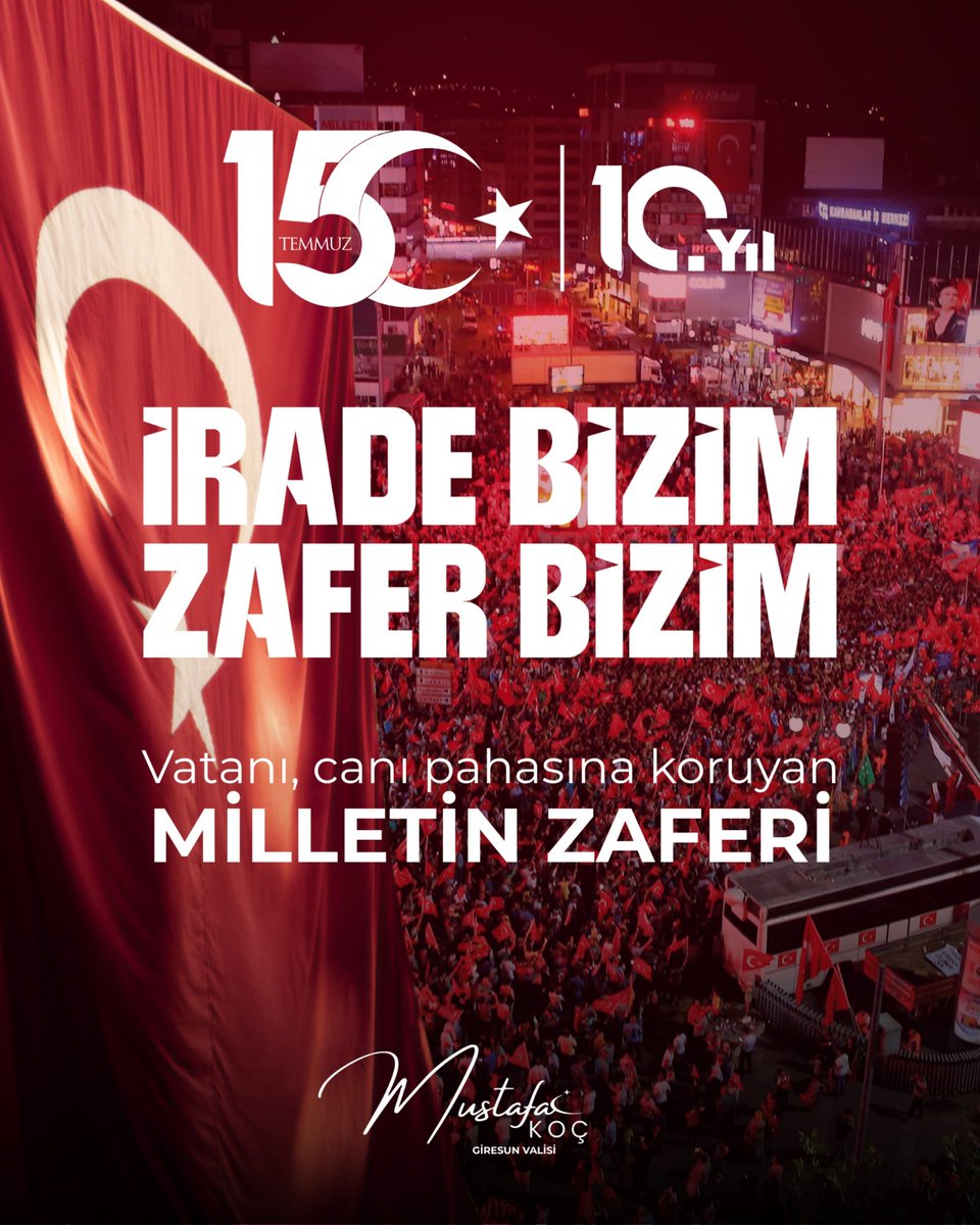 ValiMustafaKoc's tweet photo. 🇹🇷 15 Temmuz; milletimizin iradesine, bağımsızlığına ve demokrasisine sahip çıktığı, tarihimize altın harflerle yazılan kutlu bir destandır.

Aziz şehitlerimizi rahmet, minnet ve şükranla yâd ediyor, kahraman gazilerimize sağlık ve huzur dolu bir ömür diliyorum.

Birliğimiz, beraberliğimiz ve kardeşliğimiz daim olsun.

#15Temmuz #ZaferBizim 
İrade Bizim Zafer Bizim