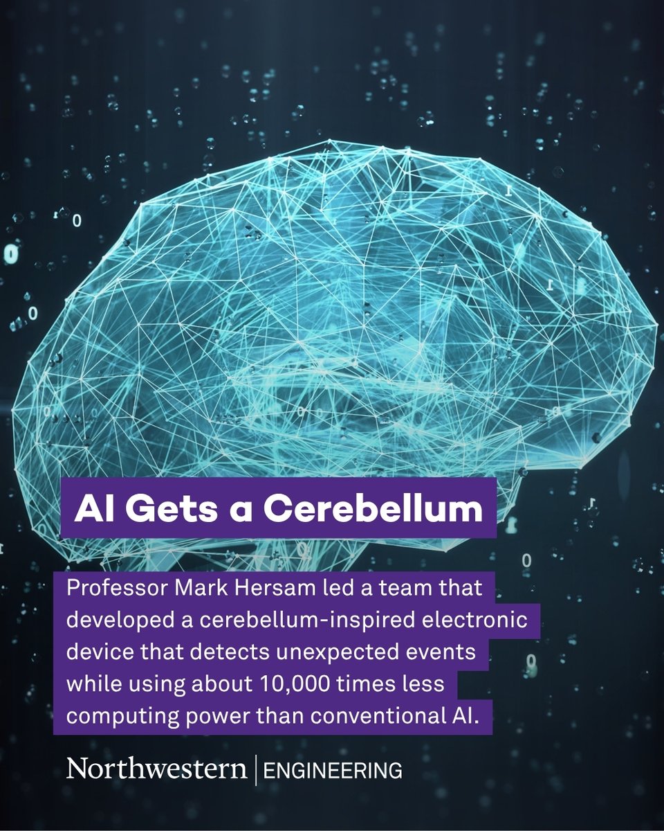 NorthwesternEng's tweet photo. Mark Hersam, Vinod K. Sangwan, and collaborators developed a brain-inspired device that rapidly spots unusual events while dramatically reducing the computing workload needed for detection. A step toward more efficient, always-on AI.

https://t.co/c0dGce7kd0 https://t.co/NdhpZO9oQ3