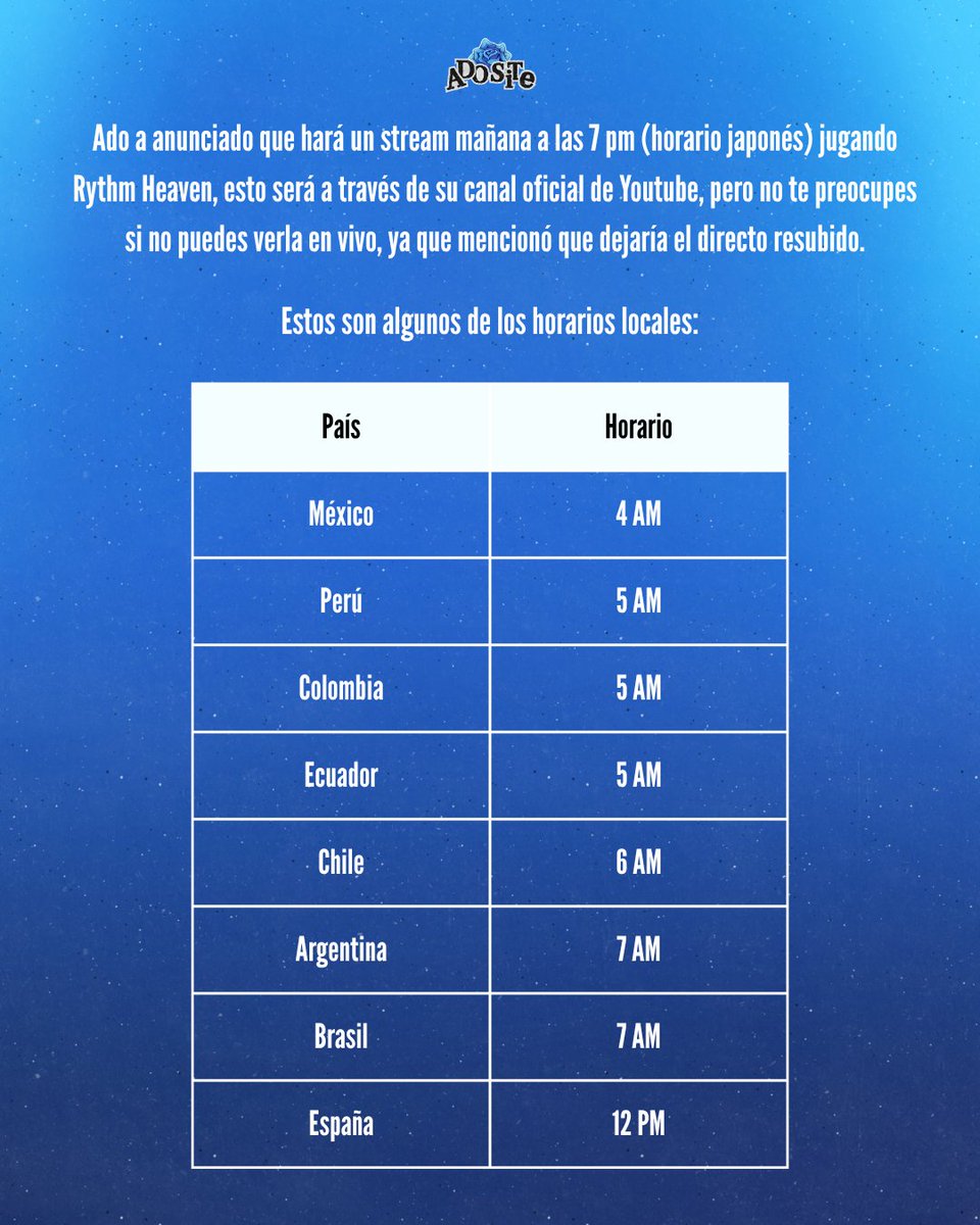adoshiite's tweet photo. ¡ADO HARÁ UN STREAM MAÑANA JUGANDO RYTHM HEAVEN!

Ado a anunciado  que hará un stream mañana a las 7 pm (horario japonés) jugando Rythm Heaven, esto será a través de su canal de Youtube, pero no te preocupes si no puedes verla, ya que mencionó que dejaría el directo resubido. https://t.co/ARY06kS2go