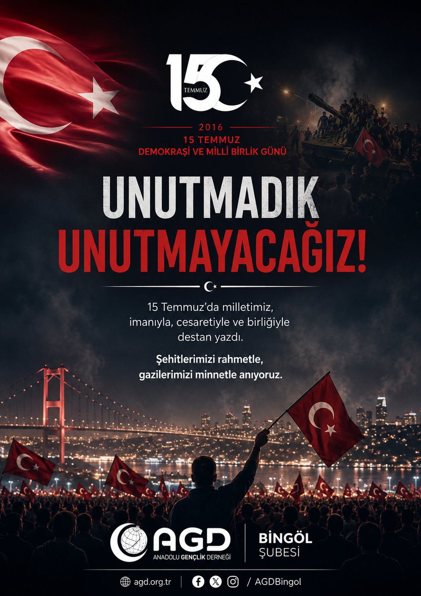AGDBingol12's tweet photo. 15 Temmuz Hain Darbe Girişimi'nin yıl dönümünde şehitlerimizi rahmetle anıyor, gazilerimize şükranlarımızı iletiyoruz.  

Kardeşliğimizi hedef alan, milletimizin birliğine ve geleceğine kasteden tüm ihanet şebekelerini ve terör örgütlerini lanetliyoruz https://t.co/XyG99jha4p