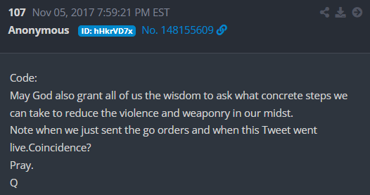 TheRipCord's tweet photo. 1:07 minute video from the White House account focused on SPEED.🏁

Q Post # 107 dated Nov 05, 2017:

Code: 
May God also grant all of us the wisdom to ask what concrete steps we can take to reduce the violence and weaponry in our midst. 
Note when we just sent the go orders👈and when this Tweet went live. Coincidence? 
Pray. 
Q
