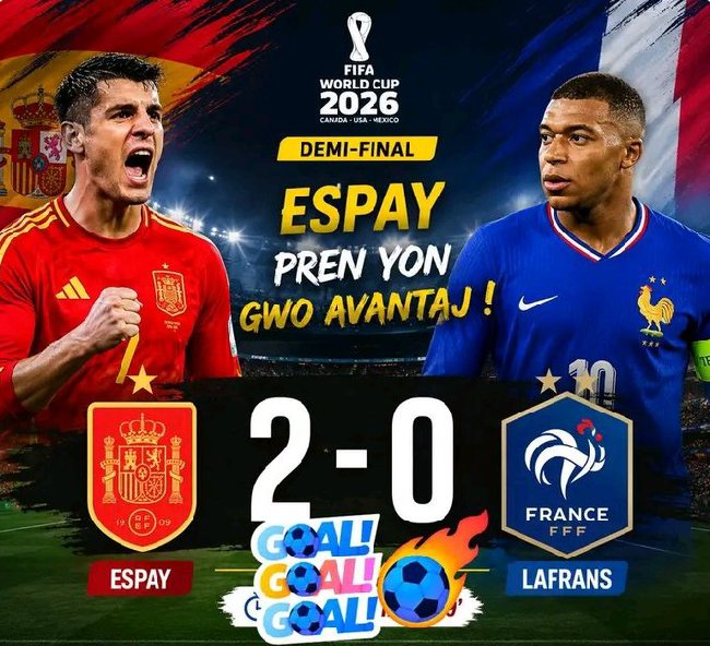 Mea_Jojebht's tweet photo. La qualification de l'Espagne pour la grande finale de la #CoupeduMonde2026, la victoire de l'Espagne 2-0 en demi-finale, en battant la France. Les buts de l'Espagne sont marqués par Oyarzabal et Porro. #Mea_Jojeb_Ht https://t.co/qmNLwHjx4M