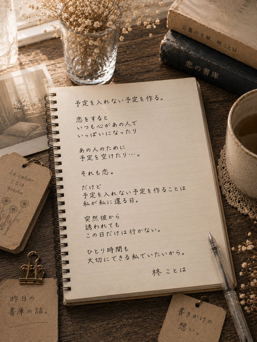 kotoha_library's tweet photo. 予定を入れない予定を作る。

恋をすると
いつも心があの人で
いっぱいになったり

あの人のために
予定を空けたり…。

それも恋。

だけど
予定を入れない予定を作ることは
私が私に還る日。

突然彼から
誘われても
この日だけはいかない。

ひとり時間も
大切にできる私でいたいから。

柊ことは https://t.co/uRmVdXnZ3p