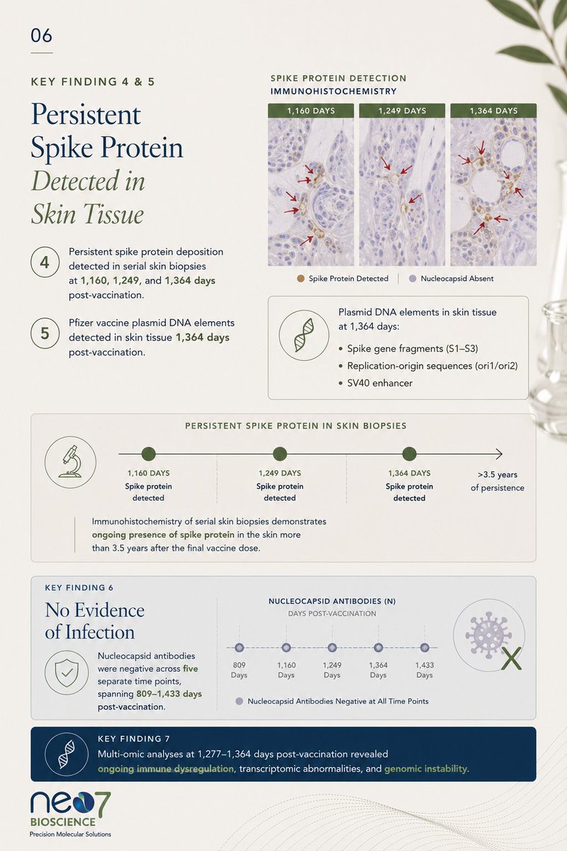 neo7bioscience's tweet photo. New peer-reviewed research has reported the persistence of vaccine-derived biological components and multi-omic abnormalities more than 3.5 years following COVID-19 mRNA vaccination in a single extensively evaluated patient.

The case study describes detectable circulating spike protein, vaccine-derived spike mRNA in circulating exosomes, plasmid DNA elements in skin tissue and peripheral blood mononuclear cells, persistent spike protein deposition in serial skin biopsies, and ongoing transcriptomic, proteomic, and genomic alterations.

As with any individual case report, additional research is needed to determine the broader prevalence and clinical significance of these findings. However, studies like this reinforce the importance of continued scientific investigation into long-term biological responses.

At Neo7 Bioscience, we remain committed to advancing molecular intelligence, precision diagnostics, and open scientific inquiry.

 @neo7bioscience @Docjohnc @NicHulscher @P_McCulloughMD @McCulloughFund 

see full article: https://t.co/0Tq7HnZ1lB

#Neo7Bioscience #PrecisionMedicine #MedicalResearch #MolecularBiology #Genomics #SystemsBiology