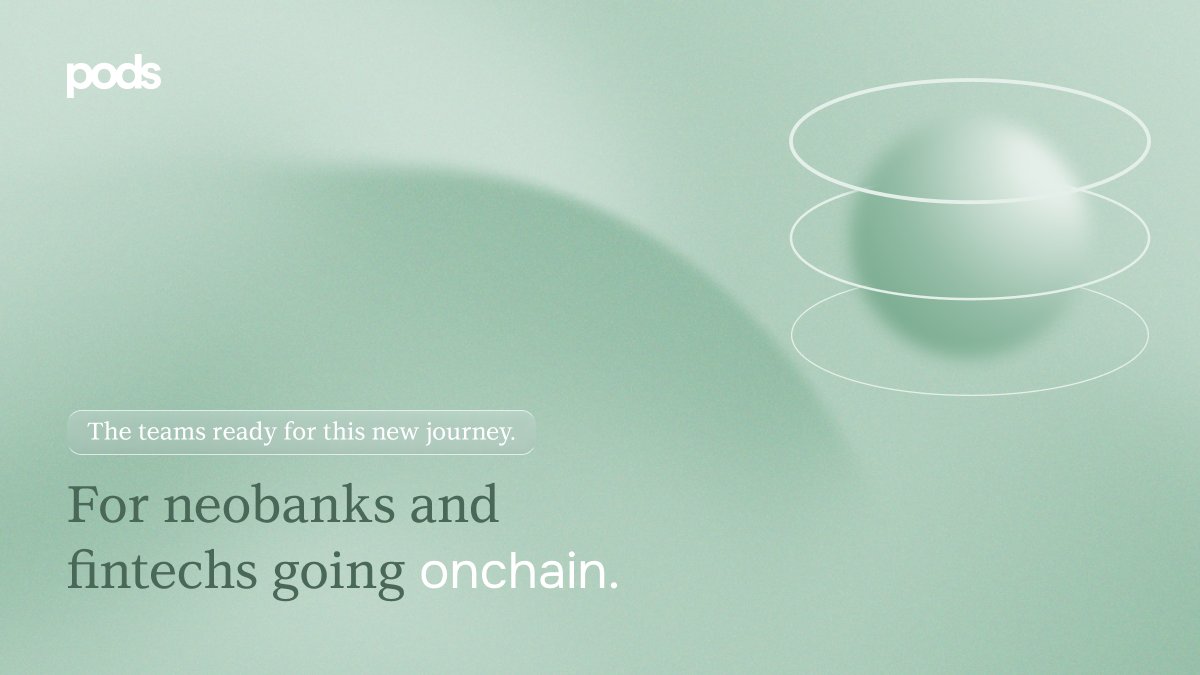 PodsFinance's tweet photo. Who is Pods built for?

For neobanks and fintechs going onchain.

At Pods, we help two kinds of teams make that move:

1. New neobanks:

Teams launching products for a specific niche, with a clear audience and a strong product idea, using onchain rails as the fastest way to ship.

2. Established fintechs:

For companies with an existing user base ready to launch onchain products (stablecoin savings, FX, RWA yield, tokenized stocks, and more) without building a digital assets team from scratch.

Different stages, same direction.

Pods gives these teams the infrastructure to launch production-ready onchain financial products, faster and with less complexity.

If you're building the next generation of financial products, we’d love to talk: https://t.co/n90OGXXOFT