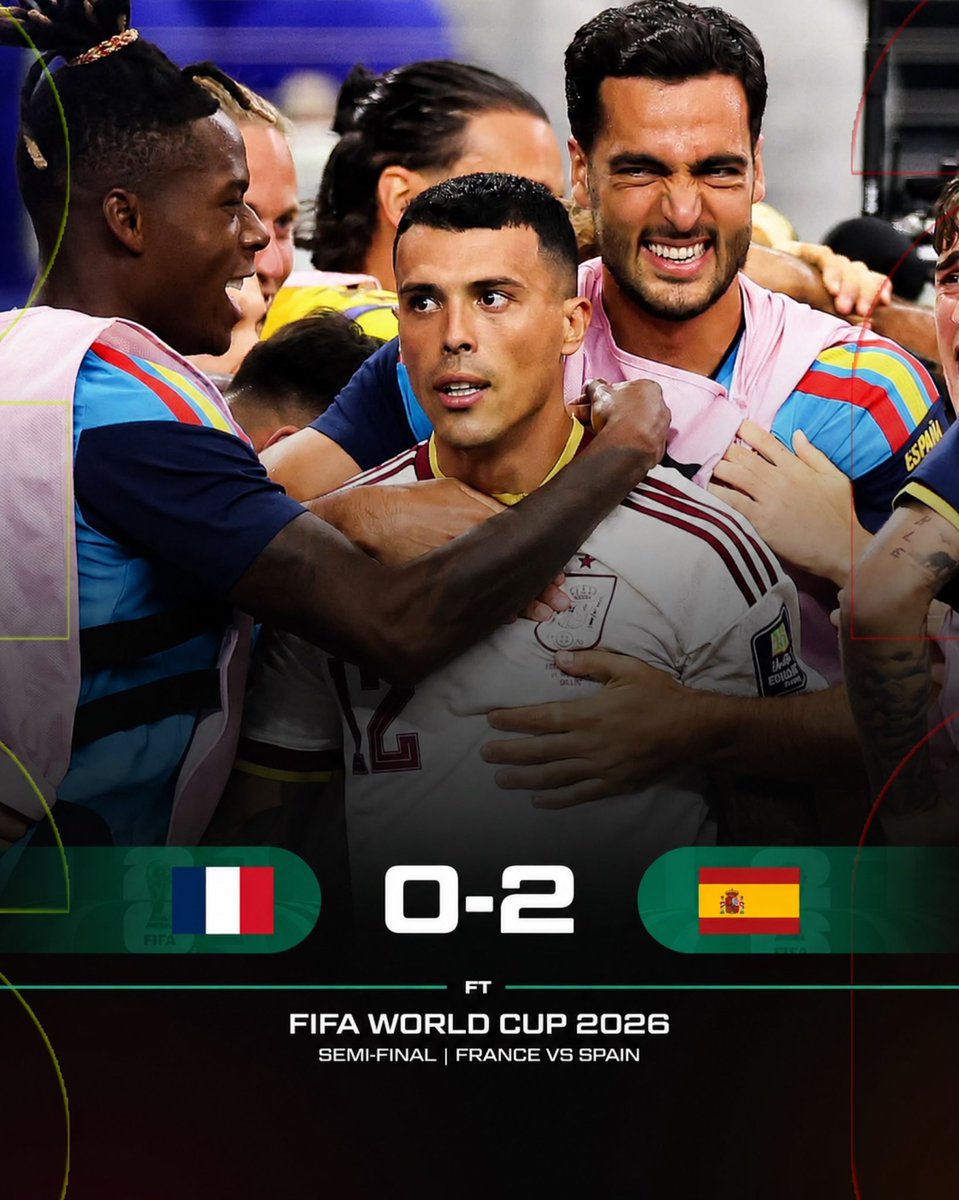 alaminmd_'s tweet photo. 🇪🇸 Spain Storms Into The FIFA World Cup 2026 Final With A Stunning 2-0 Victory Over France A Dominant Performance A Deserved Result ~
#Spain #France #FIFAWorldCup2026
#FinalBound #VamosEspaña #FootballFans https://t.co/8Z0FB58WoO