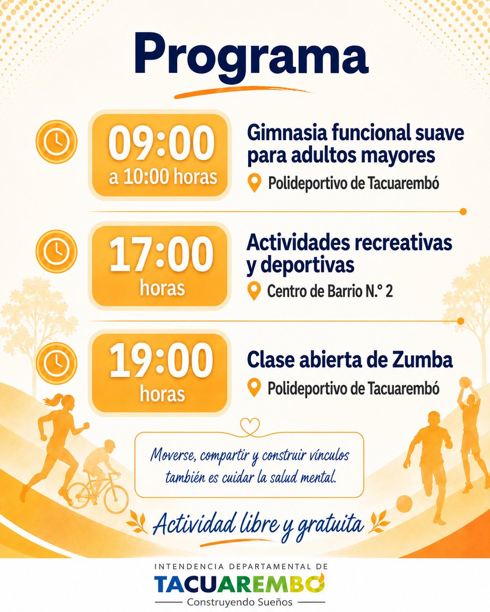 IdTacuarembo's tweet photo. 🟠 17 de julio | Día Nacional de la Prevención del Suicidio
El deporte como factor de protección.
🕘 9:00 Gimnasia funcional para adultos mayores – Polideportivo
🕔 17:00 Actividades recreativas – CB N.º 2
🕖 19:00 Zumba – Polideportivo
Actividad libre y gratuita.
#IDT https://t.co/Tve0KP4T1l