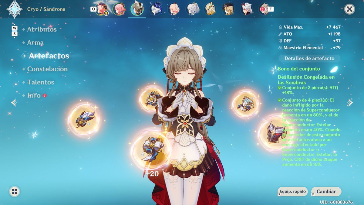 Mari0_Destroyer's tweet photo. La build tanto de sandrone como de yae, cyno y wrio es idénticamente igual es gracioso pero es verdad.

Osea: Reloj de ataque%, caliz de ataque% y tiara de Daño crítico. Probabilidad crítica: 69% (Recomendación por 15 de consonancia y 16 del set, pero hay que tener un aplicar de cryo constante, espero sea odette)

y Daño crítico: Todo lo que puedas.

#genshinimpact #genshin #snezhnaya