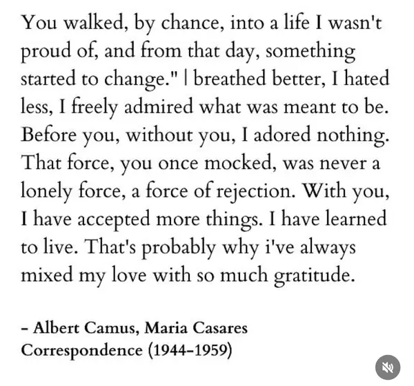majamediaco's tweet photo. 'with you, i have accepted more. i have learned to live..without you, i adored nothing'

what love does through some of my favourite letters by Albert Camus to Maria Casares https://t.co/pXLGxtQXQ0