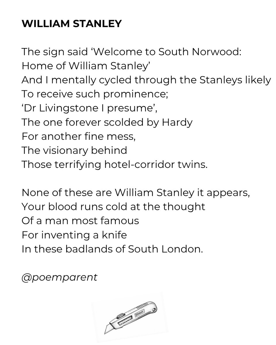 poemparent's tweet photo. Apparently there was a bit more to him than this but its still the item that nears is name.
#williamstanley #southnorwood #southlondon #southoftheriver #stanleyknife £stanleyarts @stanleyarts.uk #poemaday #dailypoem #poetry #poem #poetsofig https://t.co/EJOtW11gV8
