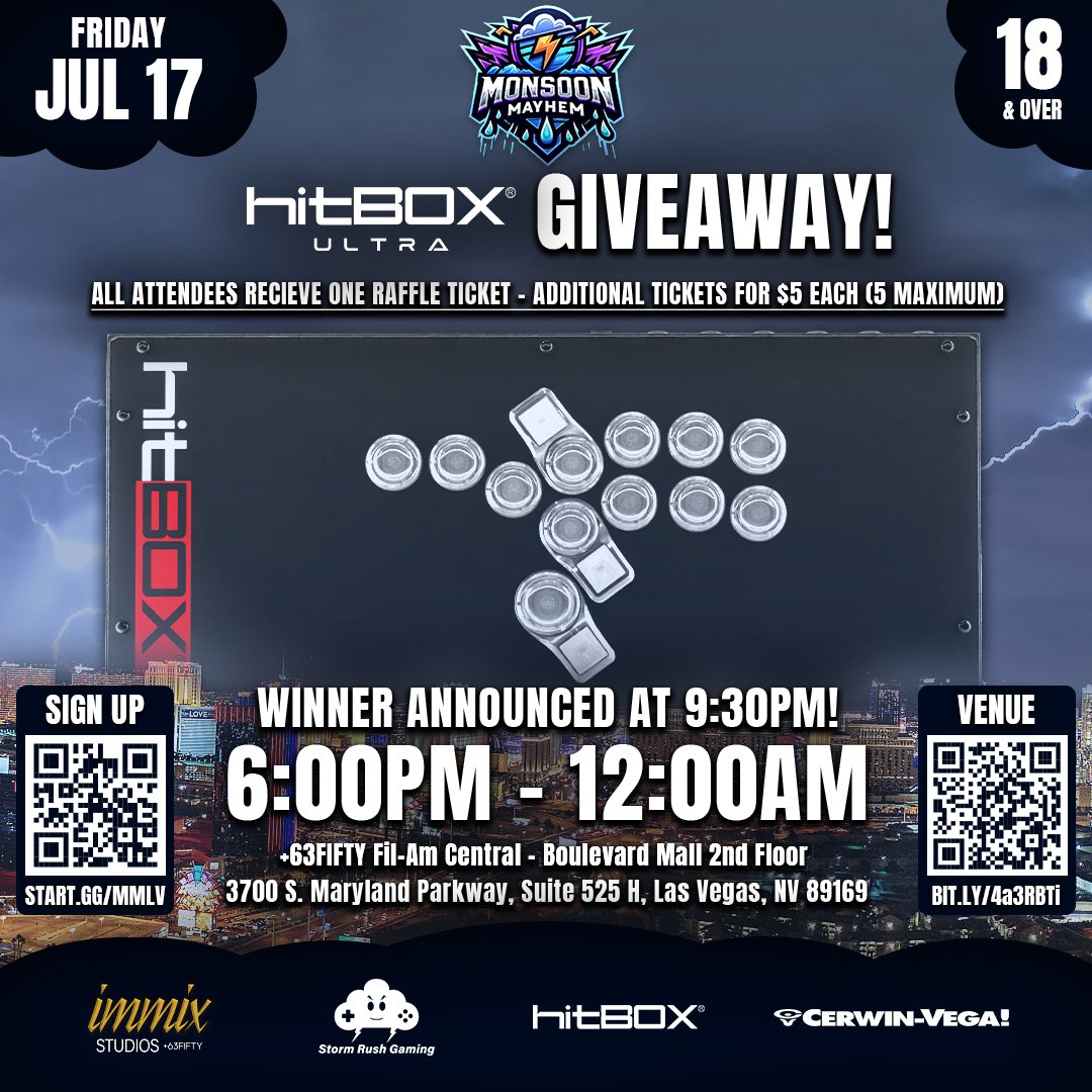 TEAsportsGG's tweet photo. ⛈️ It's Monsoon szn in Las Vegas! 

@StormRushGaming is packing a punch as summer heats up, with a @hitboxarcade Ultra up for grabs this month!

🗓️ Fri. July 17 // Doors open @ 6pm
🥊 T8, DoA6, GBVR, UNI2, 2XKO, COTW, IVS, VF5

StartGG &amp; Details in the reply below ⤵️ https://t.co/nVQhQ4jFi5