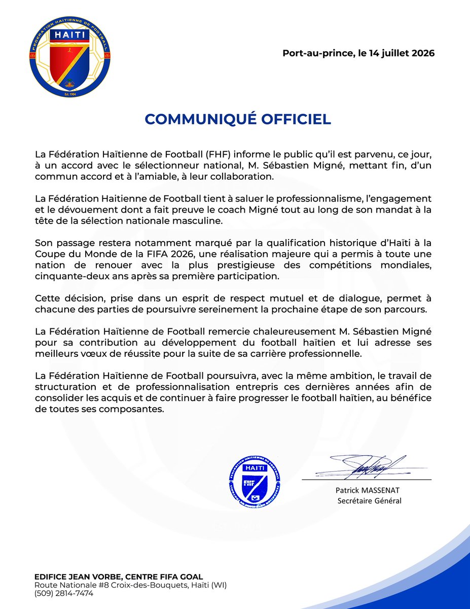 jpehaiti's tweet photo. 🇭🇹FHF la anonse ofisyèlman ke Sebastien Migné pa nan tèt ekip la ankò. "Yon desizyon ki pran nan dyalòg ak nan respè youn pou lòt" https://t.co/fzCvjJ89bU