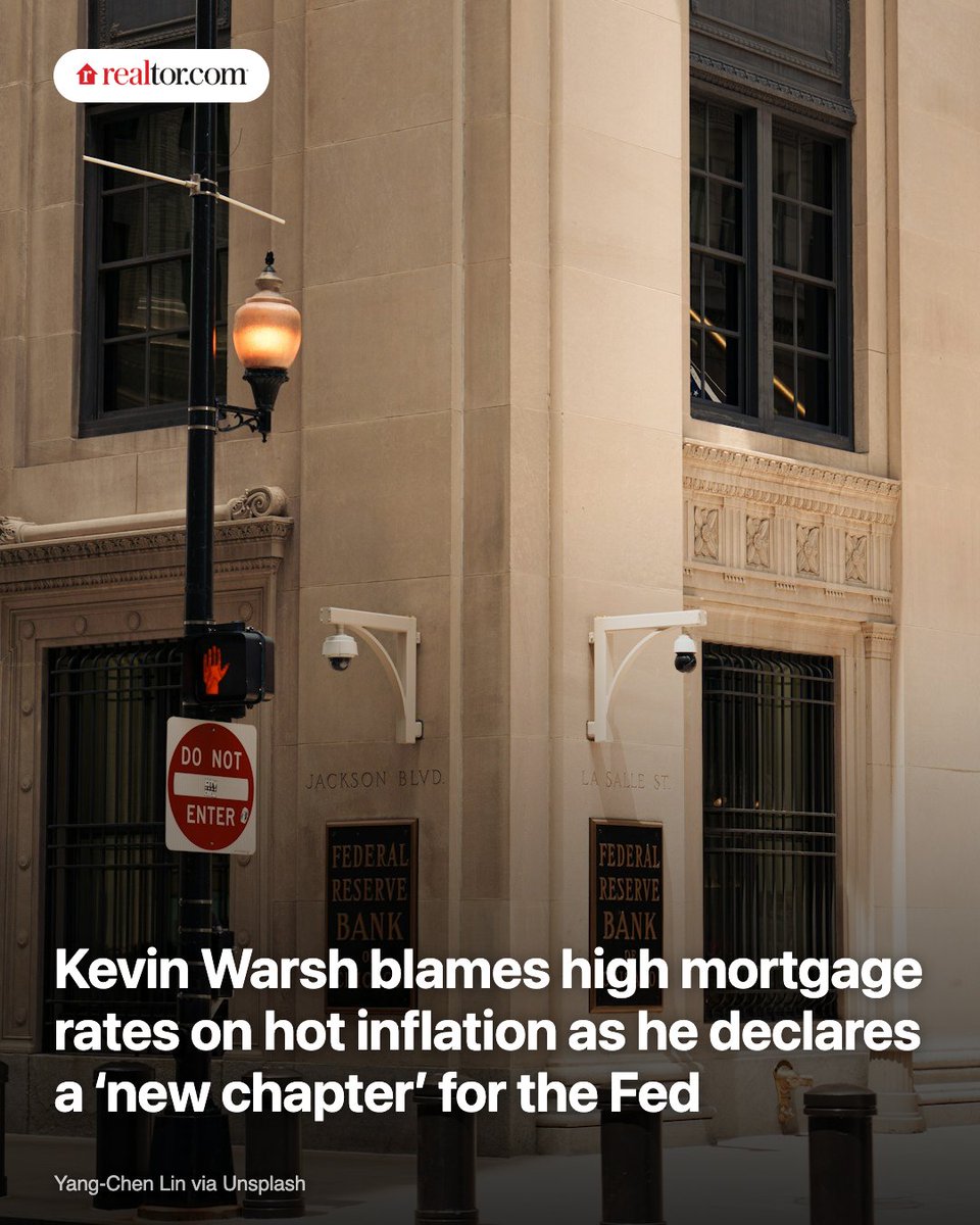 realtordotcom's tweet photo. Federal Reserve Chairman Kevin Warsh is blaming inflation “that has been above the Fed's objectives” for today's 6.49% mortgage rates, which are up sharply from a three-year low reached in February.

Read: https://t.co/heFQIbY5Hn https://t.co/1liIycXHnw