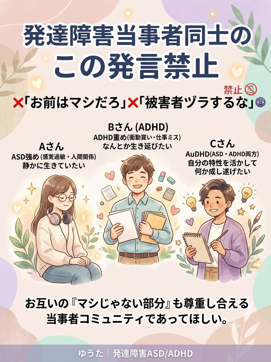 yuta_asd_adhd's tweet photo. 発達障害当事者同士のこの発言禁止　
「お前はマシだろ」「被害者ヅラするな」

3人の例と目標と現実との乖離がわかるものをまとめます。
「生き方」は、みんな違うことを知ってもらえたら嬉しいです🍀

Aさん
ASD強めで感覚過敏と人間関係が地獄で
「静かに生きていたい」

Bさん
ADHD重めで衝動買いと仕事のミスに苦しみ
「なんとか生き延びたい」

Cさん
AuDHDで両方抱えながら
「自分の特性を活かして何か成し遂げたい」と目指してる

みんな特性も辛さも目的も違う。  
比較して優劣つけるのはやめよう。  
お互いの「マシじゃない部分」も尊重し合える当事者コミュニティであってほしい。

個人の苦しみの感じ方は、その人の中で、肯定されるもの。
あなたが今どれだけ苦しくても、それは本物。

苦しみの大きさを比べるより、今を肯定する方が充実するような気がします😌