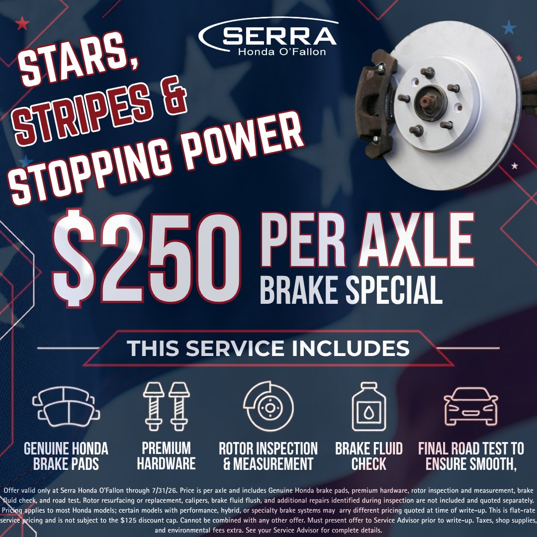 SerraOFallon's tweet photo. Stay confident behind the wheel with our Stars, Stripes &amp; Stopping Power Brake Special!

Schedule your appointment NOW: https://t.co/YFoqPeE6aA https://t.co/7zRn8joBiA