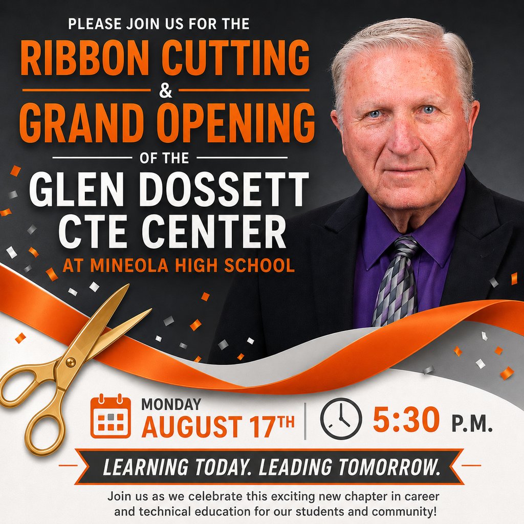 MineolaISD's tweet photo. We hope you will join us for the Ribbon-Cutting Ceremony of the Glen Dossett CTE Center at Mineola High School on Monday, August 17th, 2026, at 5:30 p.m. https://t.co/yQmQExm7Rf