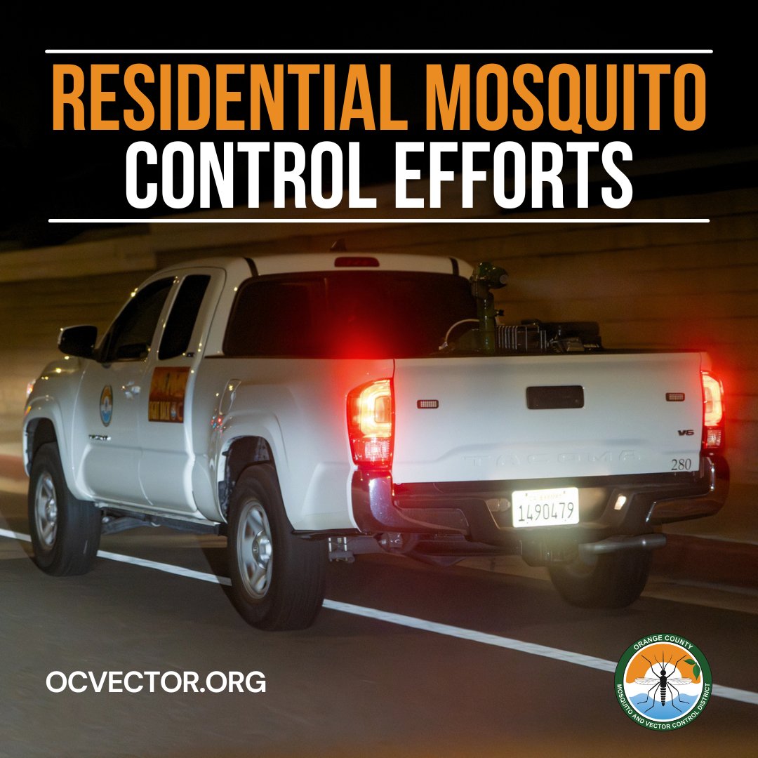 OCVector's tweet photo. Based on mosquito abundance and surveillance data, OCMVCD staff will conduct residential adult mosquito control in the Cities of Anaheim, Fullerton, Placentia, Cypress, and Tustin.

Residential Treatments for Anaheim, Fullerton, & Placentia: 
When: Wednesday – Friday | July 15th, 16th and 17th
Time: 12:00 a.m. to 5:00 a.m.

Residential Treatments for Cypress & Tustin:
When: Thursday – Saturday | July 16th, 17th, and 18th 
Time: 12:00 a.m. to 5:00 a.m.

For more information, visit: https://t.co/VIvtiACcxN