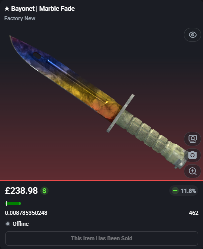 adsyyycs2's tweet photo. 🚨HUGE SKIN FLIP OF THE DAY!🚨
0.008 Bayonet | Marble Fade
✅FLIPPED✅
➡️Bought for: £238.78
➡️Sold for: £263.35
After fees, that's a total profit of £19.30 (8.08%)🤑💵
#csfloat #cs2 #csgo #counterstrike #skins #trading #flipped #profit #roadto5k https://t.co/AouCFrs2b8