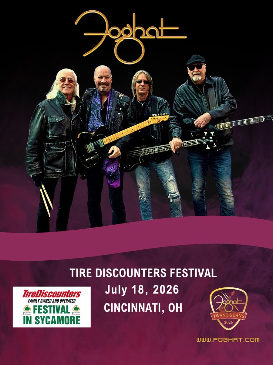 FOGHAT's tweet photo. Cincinnati, are you ready to rock? 🎸 Join us at the Tire Discounters Festival in Bechtold Park, this Saturday July 18th for a night of rock 'n' roll! See you there! 🎶 
https://t.co/zIOk4DN7rs https://t.co/AwyXrRwrCH