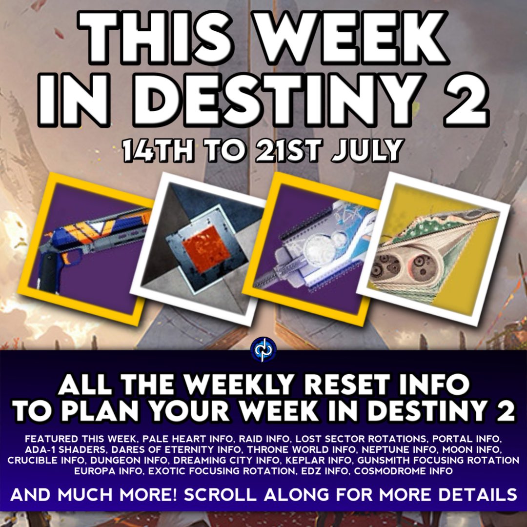 Destiny_Pizzle's tweet photo. Here is your Destiny 2 Weekly Reset information for 14th to 21st July. Please scroll the comments for the photos and all your weekly reset information
Have a great week Guardians!
#destiny2 #destinythegame #destiny #destiny2thegame #bungie https://t.co/GVoh1YdDEn
