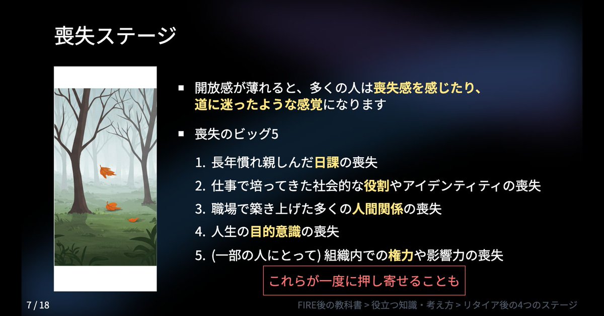 takibi333's tweet photo. #FIRE後の教科書 2周目！

FIREしたら誰もが自由を謳歌したい！と思いますよね。そういう気持ちはだいたい1年で終わるという研究結果があります。

その後「喪失感」が訪れます。

リタイア後に誰もが通る「4つのステージ」と心の変化をまとめたスライドの続きはこちら👇
https://t.co/tULW6Vosxk https://t.co/aZFnUIz5wE