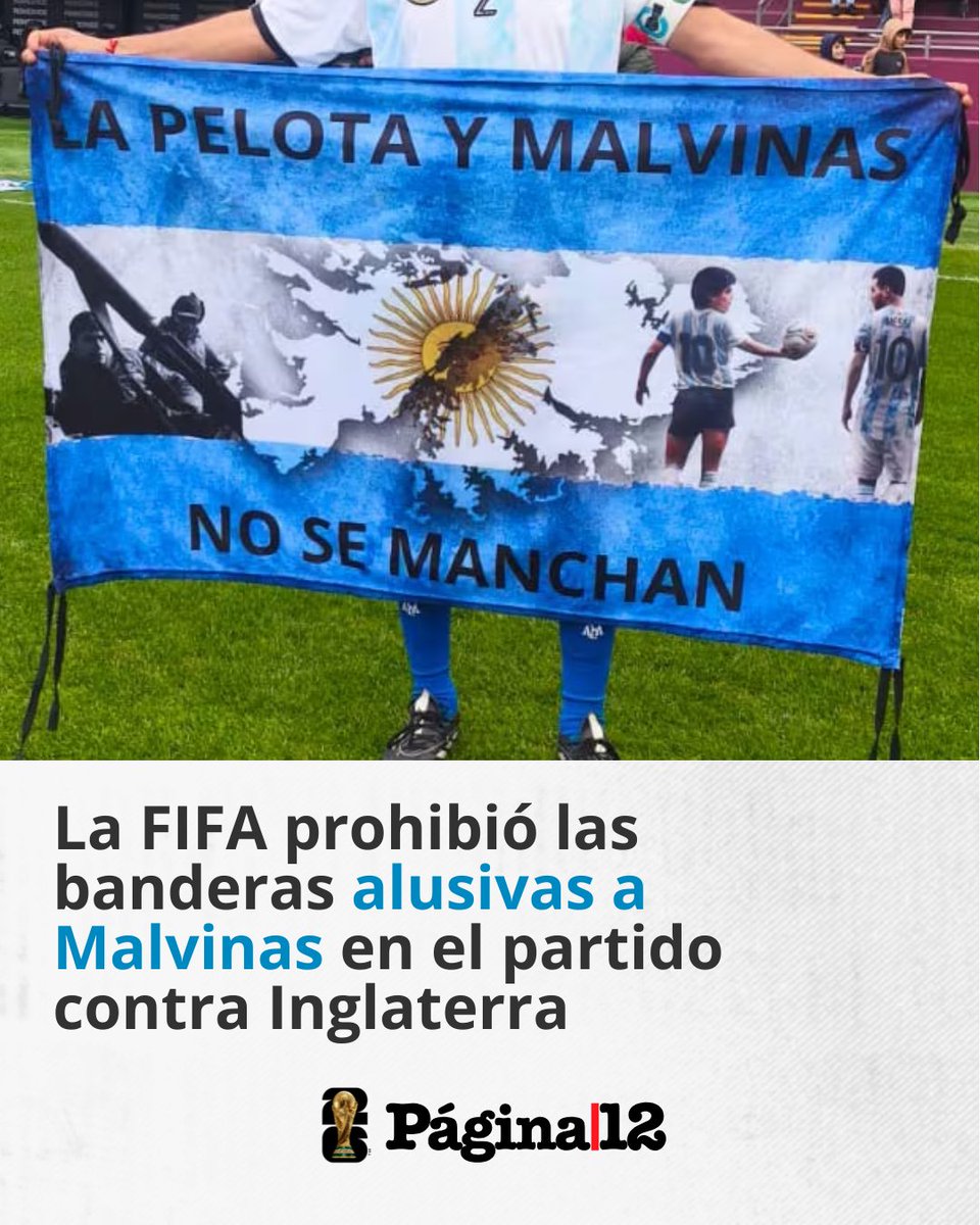 pagina12's tweet photo. La ministra de Seguridad Alejandra Monteoliva comunicó que la FIFA prohibirá el uso de banderas, camisetas y cualquier objeto que tenga el dibujo de las islas Malvinas o que haga alusión al histórico reclamo geopolítico por la soberanía territorial. https://t.co/BfA3Hp8b2j https://t.co/SEqDrEzMRx