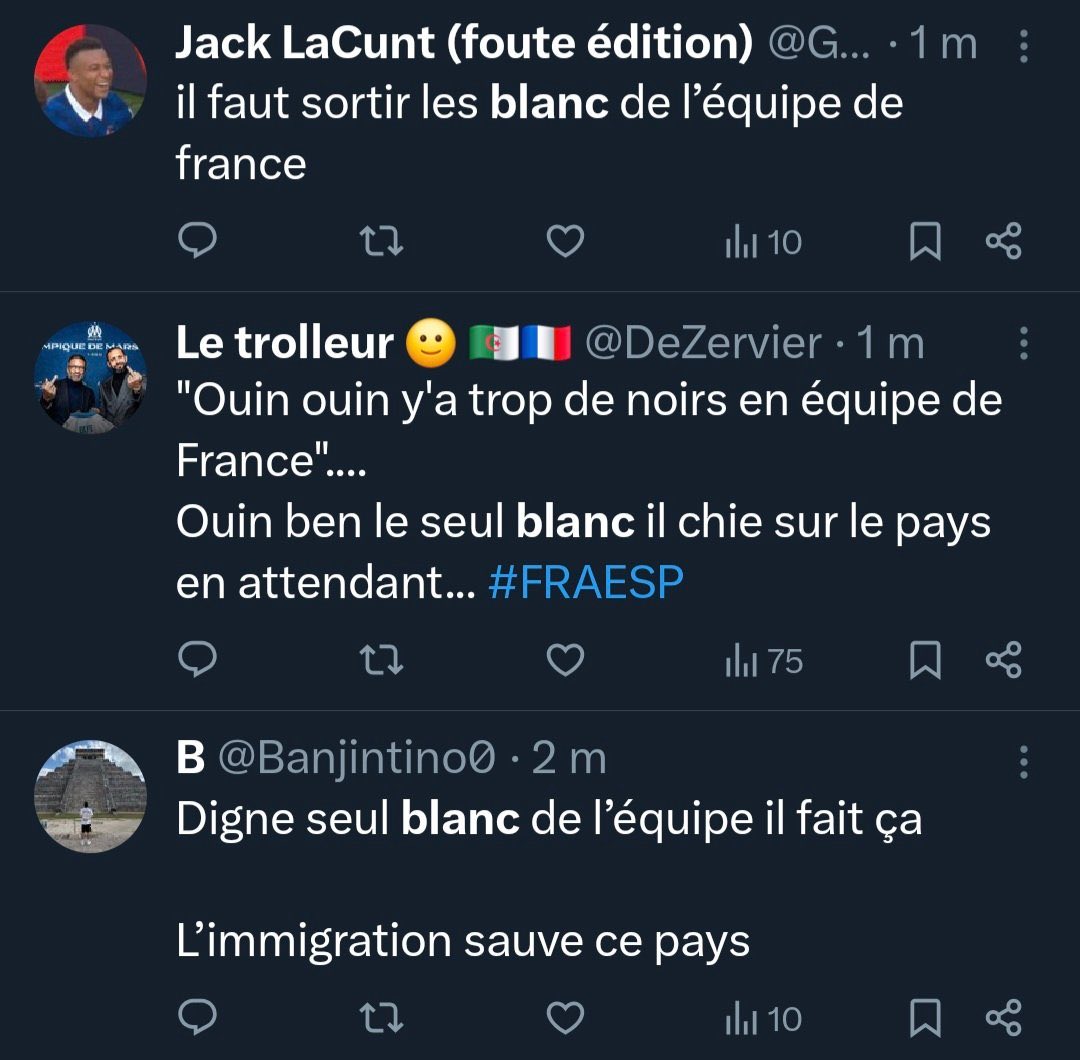LBleuBlancRouge's tweet photo. Racisme anti-blanc complètement décomplexé visant Lucas Digne et Adrien Rabiot après la défaite des Bleus face à l’Espagne 😤😤😤😤

#FRAESP #EspañaFrancia https://t.co/aG4qKFAcB4