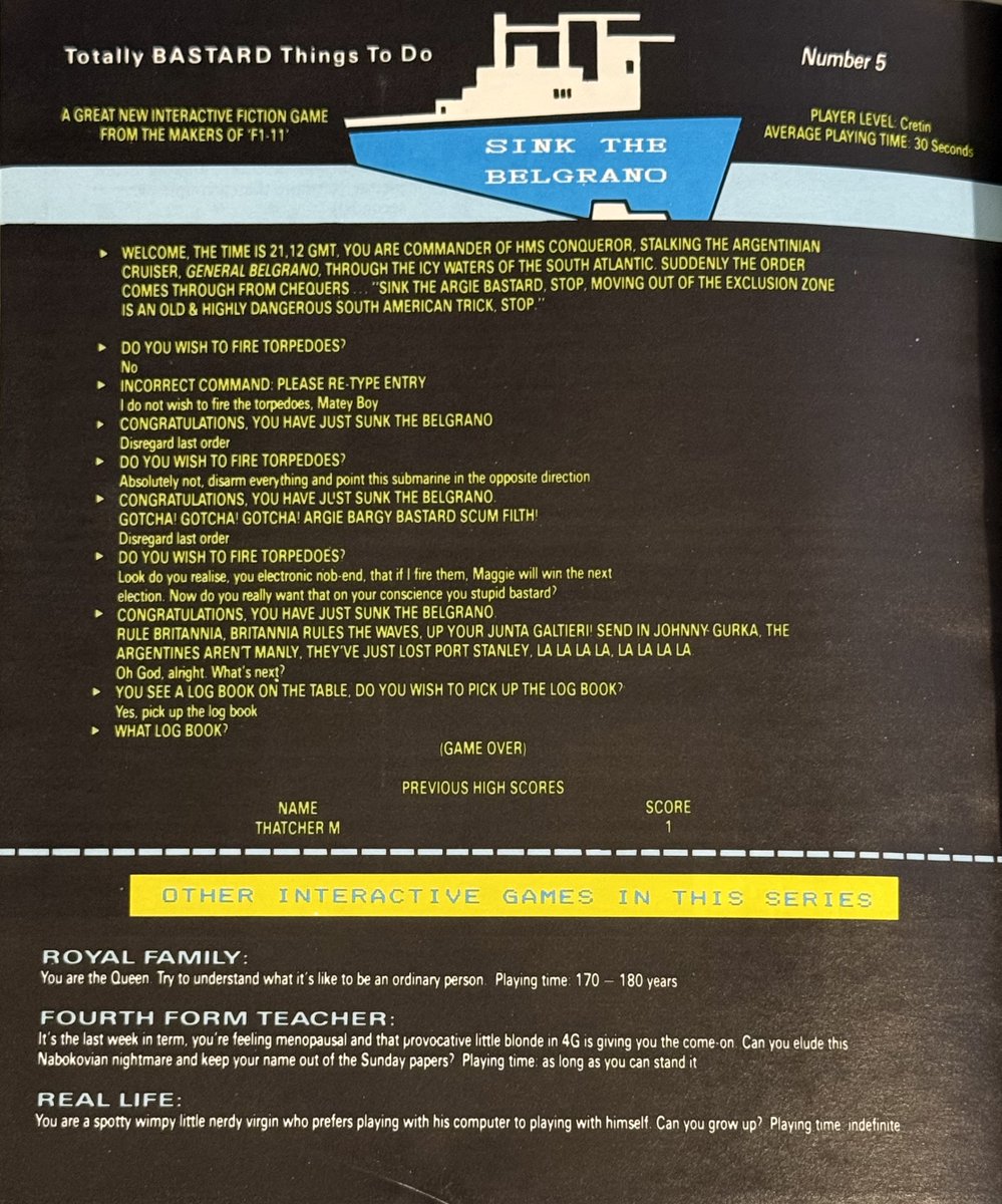 TangoBun's tweet photo. Interactive Fiction parody from ‘How to be a Complete Bastard’ by Adrian Edmondson, which received its own computer game.

I thought it would be timely with England and Argentina at the World Cup semifinals. https://t.co/oN3MedrcUB