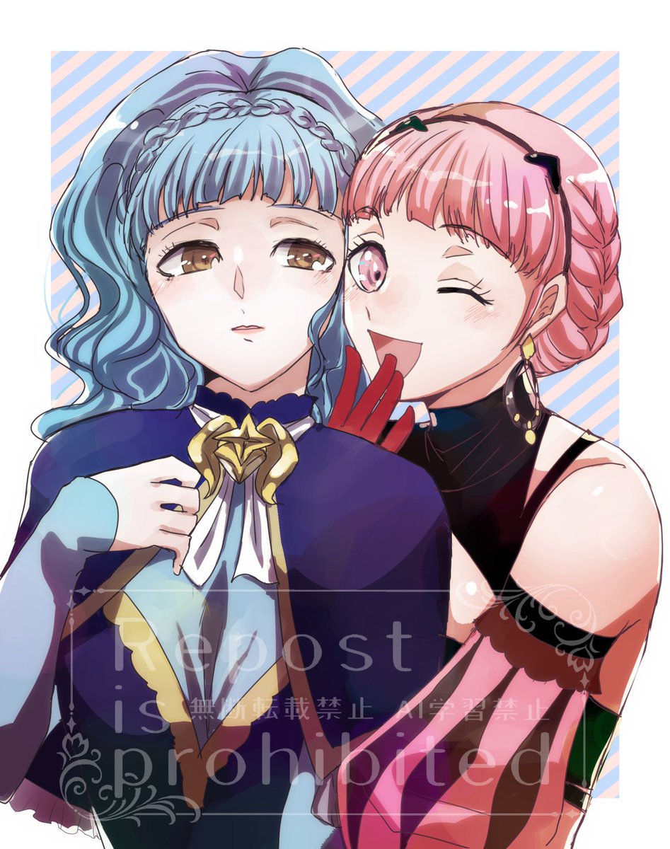 whppw062's tweet photo. 素敵な企画に便乗させて頂きます❁ヒルダとマリアンヌの髪型交換ネタで🩷🩵仲良しの女の子がお互いの髪型をするのはオタクの夢なのでとても楽しかったです☺✨楽しい企画をありがとうございました！まだまだ楽しませて頂きます🏖⟡.·
#FE夏のヘアアレンジ祭り https://t.co/Epn6TCpdYN