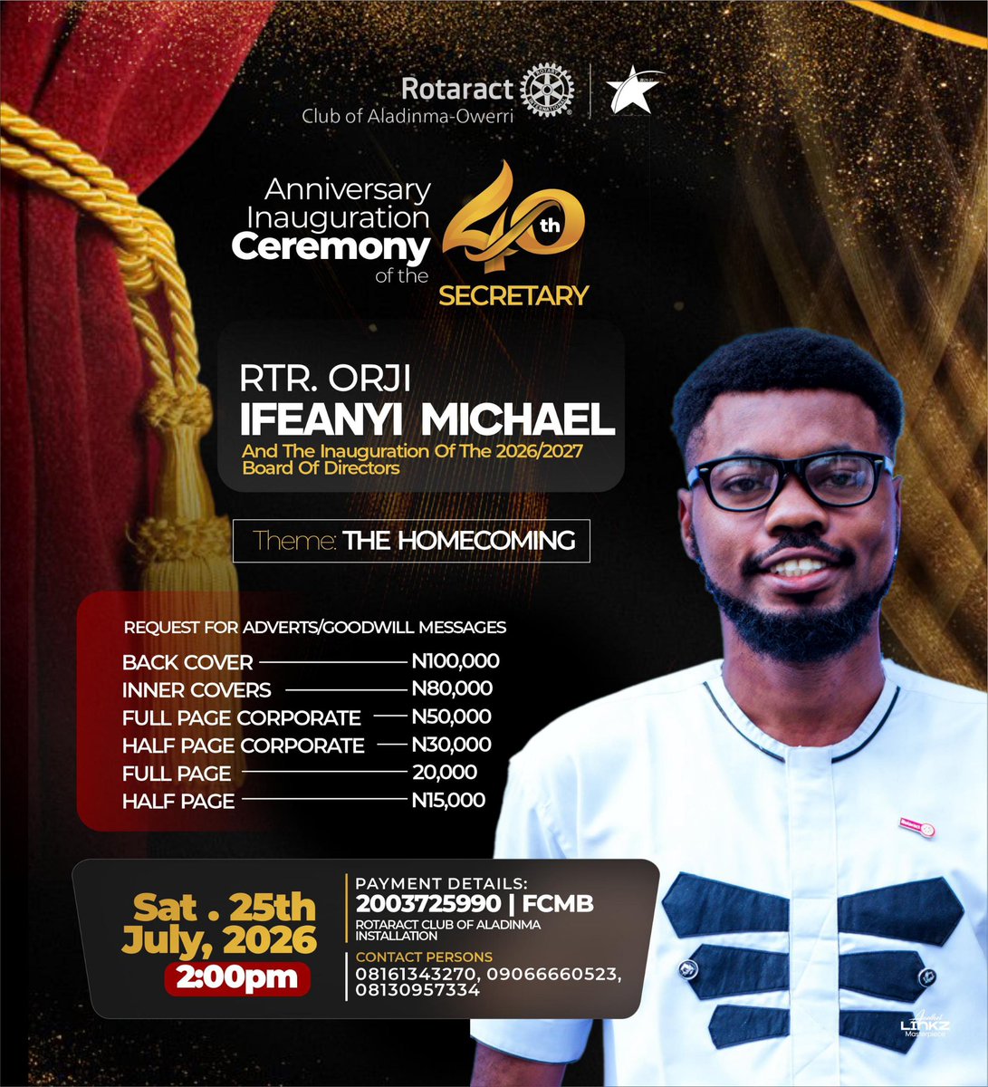 RACAladinma's tweet photo. The Rotaract Club of Aladinma-Owerri

We humbly seek your goodwill support by placing goodwill messages or advert in the brochure. Your contribution will not only celebrate this moment but will also support the club’s service initiatives and community impact projects. https://t.co/yeXdgn1Yny