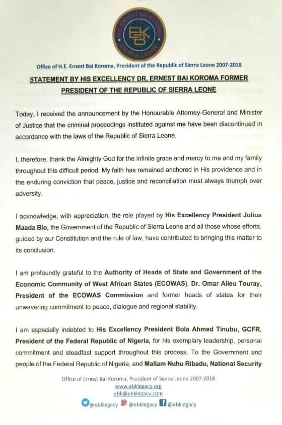SpaceYame's tweet photo. Statement by Ernest Bai Koroma (EBK)
#EBK
#ErnestBaiKoroma
#SierraLeone https://t.co/FkdCi0KQZ2