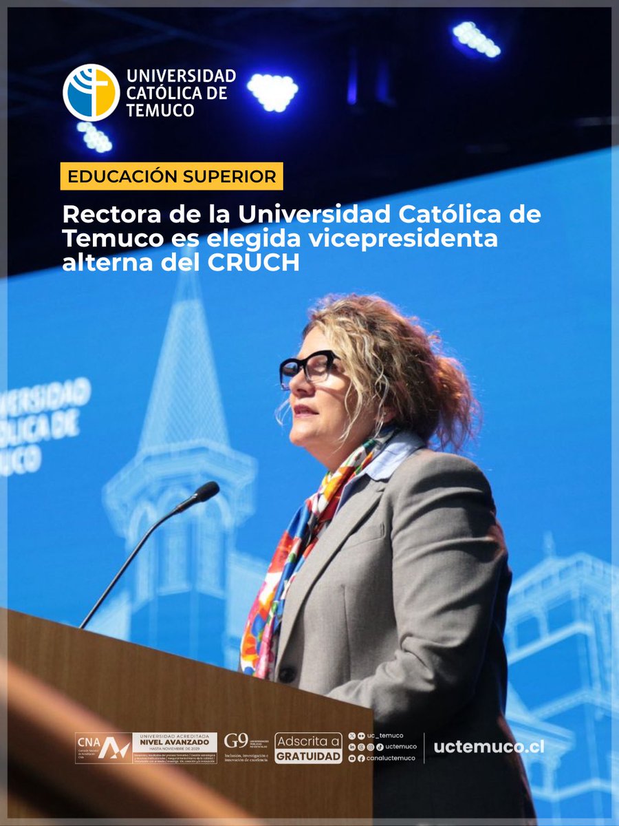 UC_Temuco's tweet photo. 📰 Gran noticia para nuestra comunidad UCT

Nuestra rectora, Marcela Momberg Alarcón, fue elegida vicepresidenta alterna del Consejo de Rectoras y Rectores de las Universidades Chilenas (CRUCH), convirtiéndose en la primera mujer en asumir este cargo.

La elección se realizó en el marco de la sesión plenaria del Consejo, en la Región de Tarapacá, donde también fue elegido como Vicepresidente Ejecutivo el rector Osvaldo Corrales Jorquera (Universidad de Valparaíso).

Este reconocimiento consolida el liderazgo de nuestra universidad en uno de los principales espacios de gobernanza de la educación superior chilena, y releva el aporte de la UCT en formación, investigación y vinculación con el desarrollo del sur de Chile.

La rectora Momberg señaló que asume este desafío con "profunda gratitud y con un alto sentido de responsabilidad", destacando su compromiso con la colaboración entre universidades regionales y el fortalecimiento de una educación superior de calidad e inclusiva.

#SomosUCT #UCTemuco #SelloUCT #CRUCH